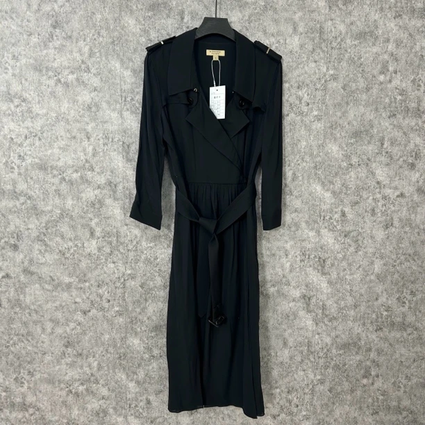 95新 BURBERRY/博柏利 黑蓝色真丝长款连衣裙