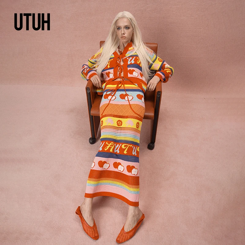 UTUH 彩色镂空条纹提花抽绳松紧腰设计显瘦针织半裙女 TUWWS1Q025