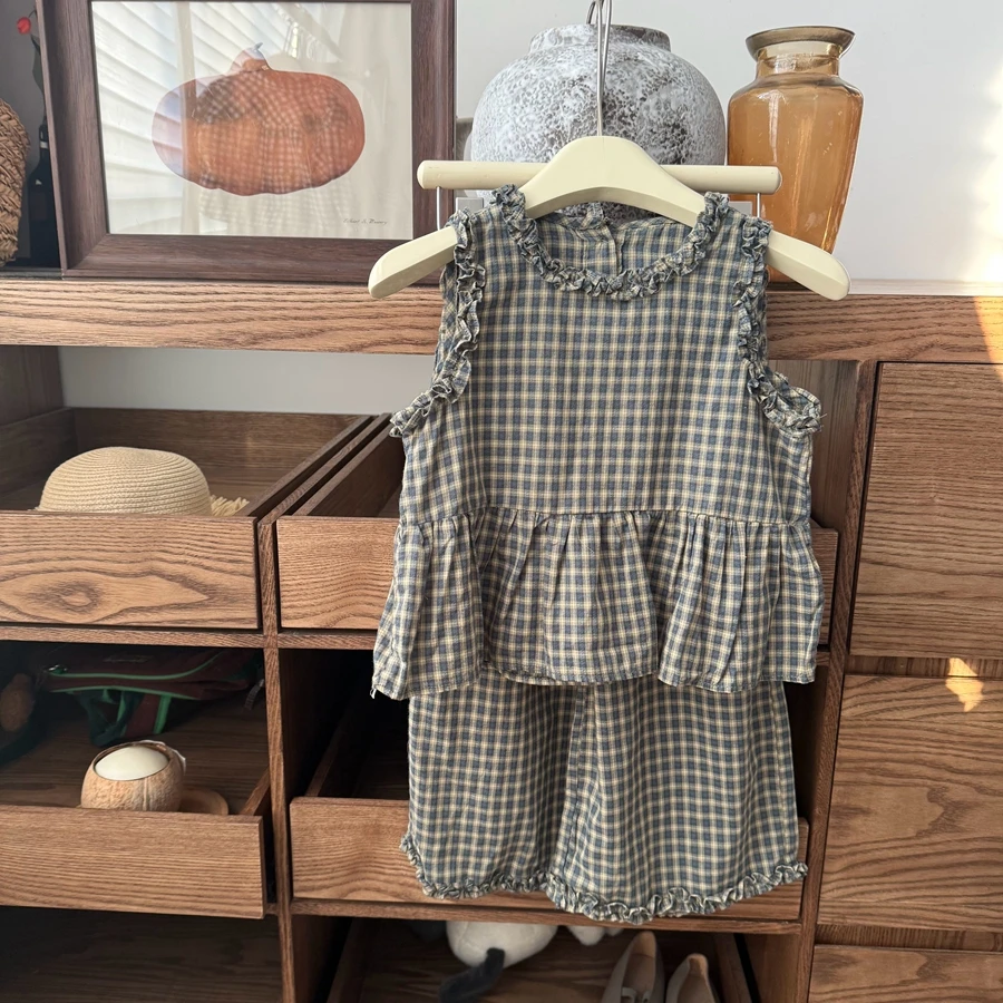 森林里的鹿~软萌儿童格子花边无袖衬衫女宝宝洋气百搭阔腿裤2件套