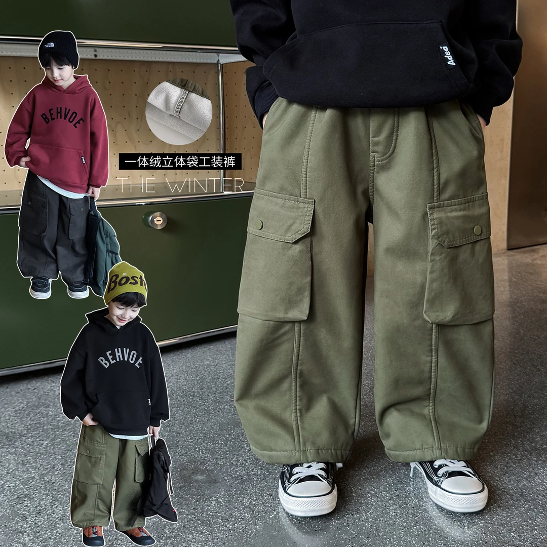 棉小班童装冬季山系贴袋宝宝休闲裤百搭一体绒保暖工装裤AD5092