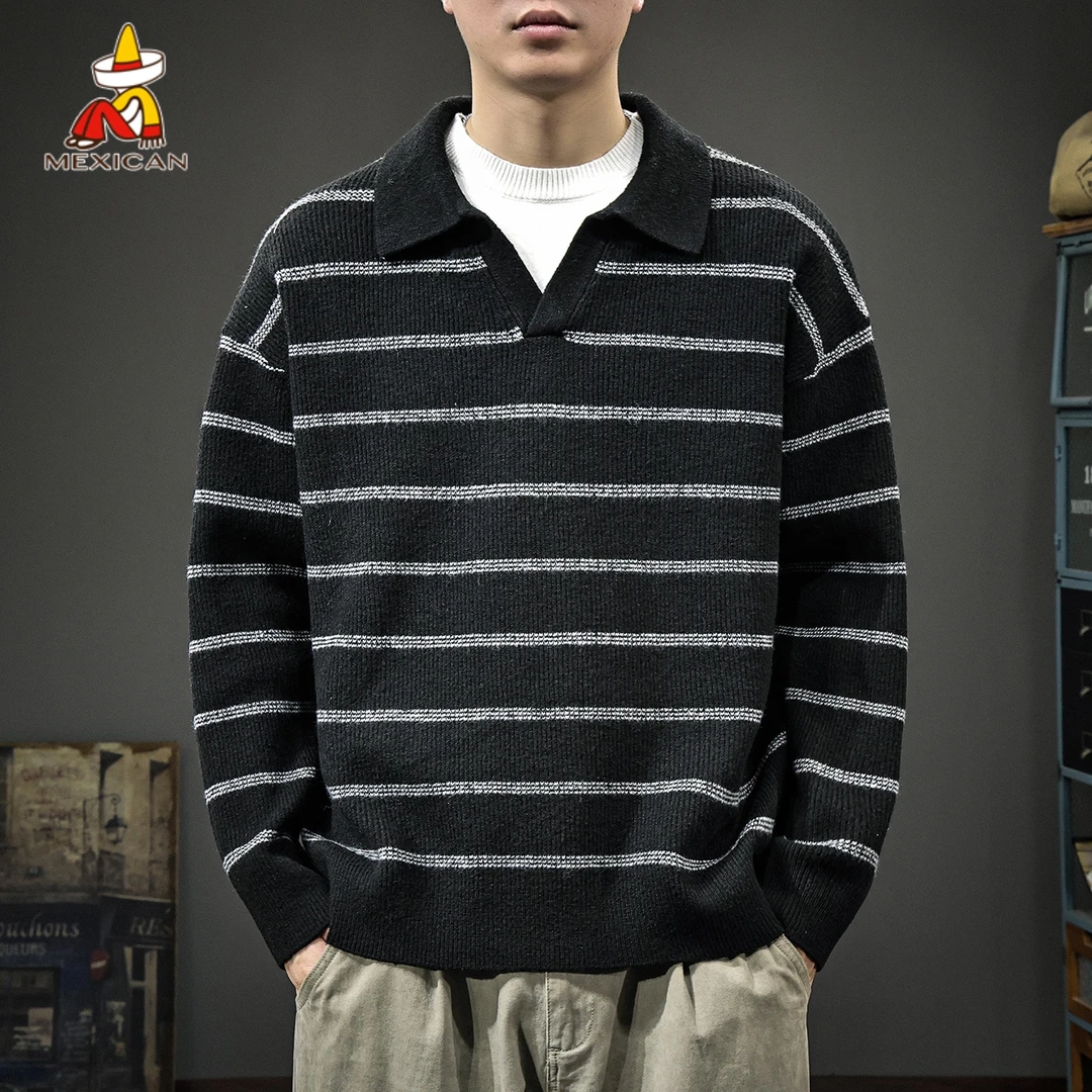Mexican/稻草人秋冬条纹polo领毛衣男款宽松休闲高级感保暖针织衫