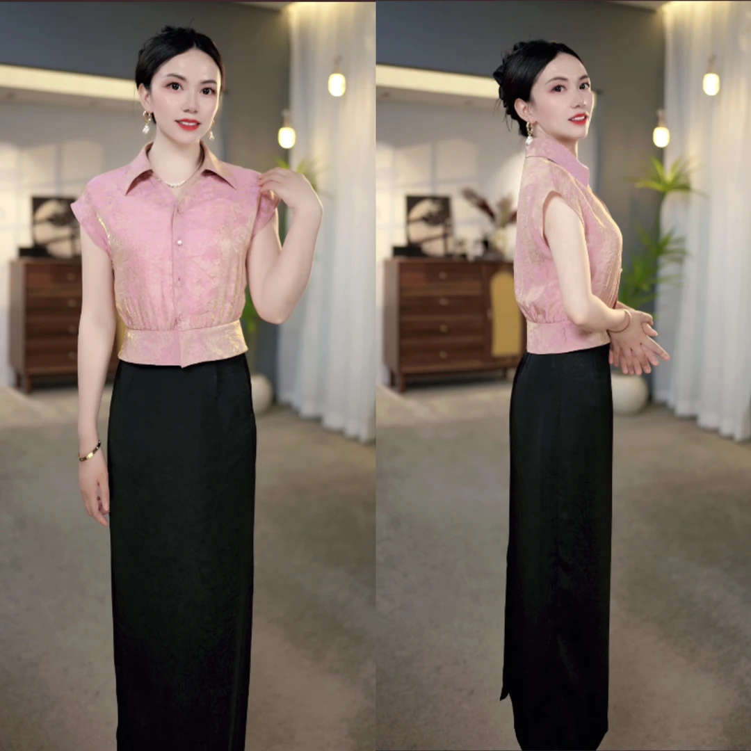 2025夏季新款粉色缎面翻领国风中式清凉百搭质感小衫