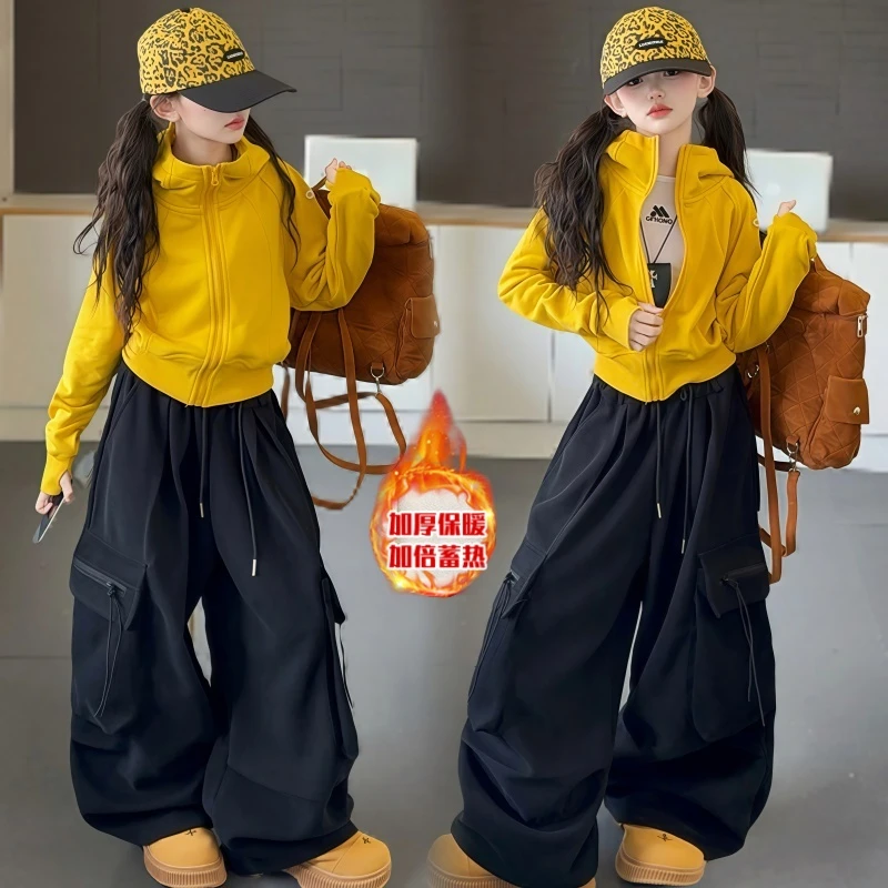 女童加绒卫衣儿童连帽外套秋冬工装裤休闲套装2025新款洋气中大童