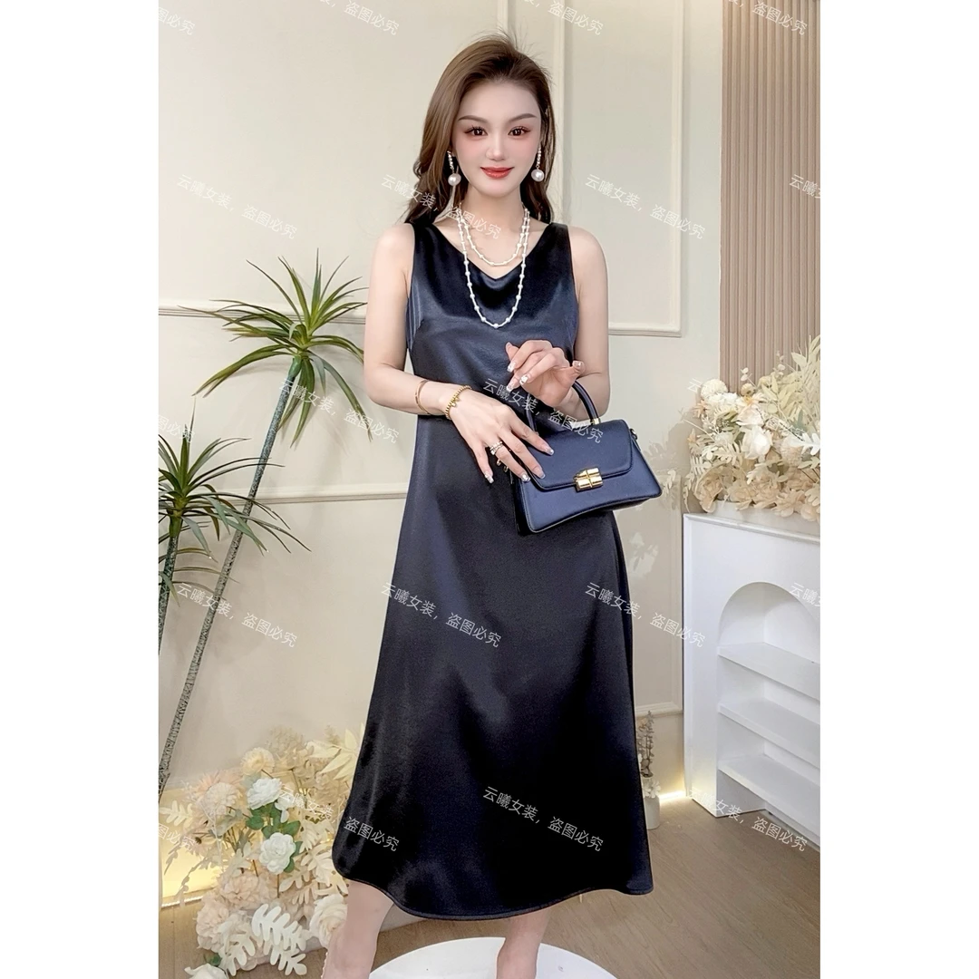 【大A字版型】超遮肉~显瘦背心连衣裙百搭气质高级光泽感缎面中长裙