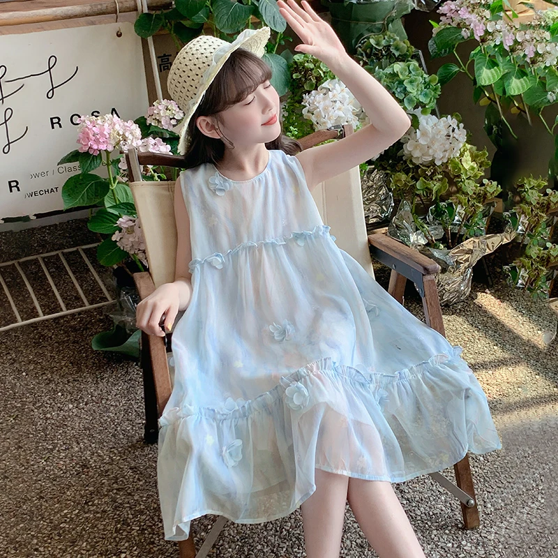 女童夏装连衣裙2025新款儿童夏季洋气花朵背心裙中大童花边公主裙