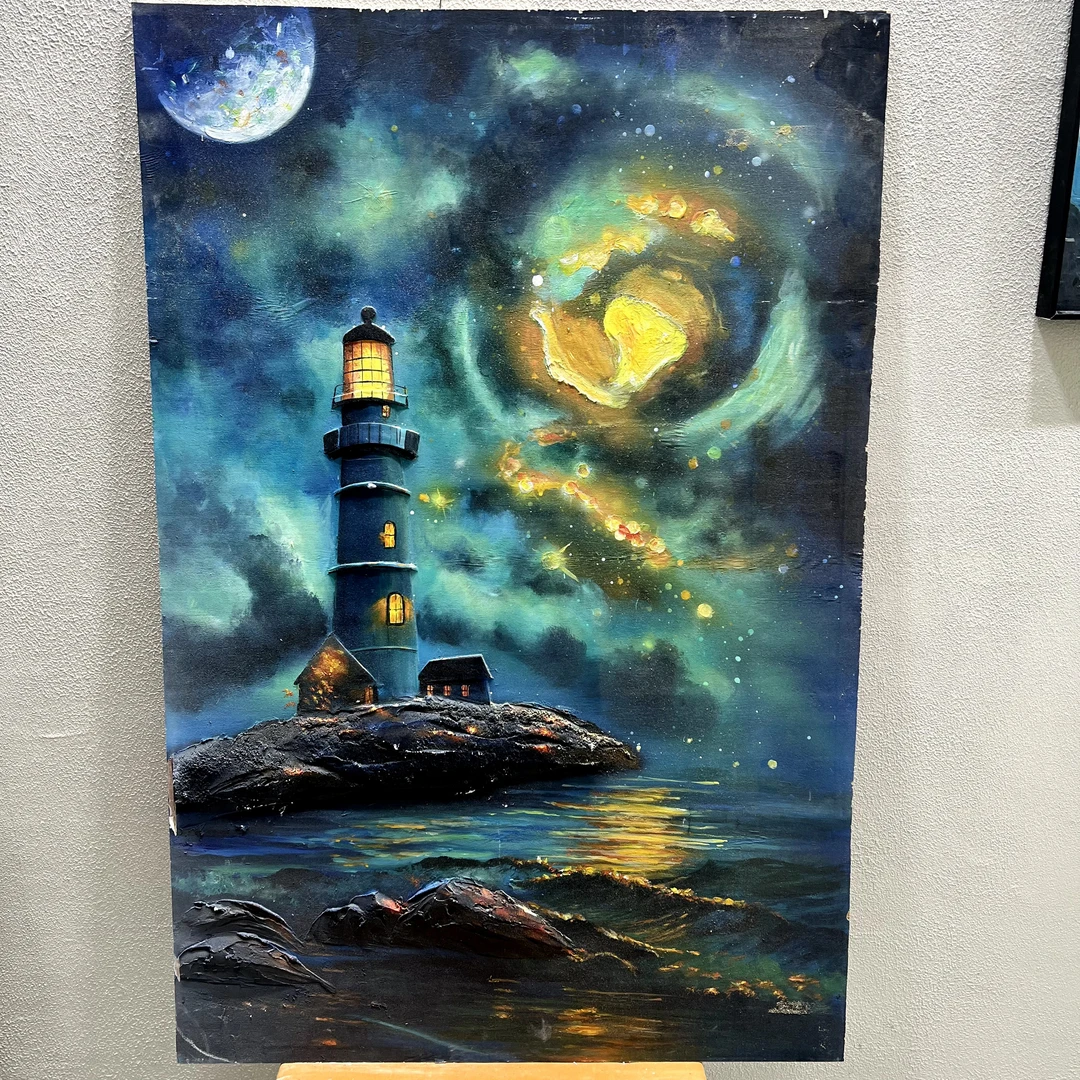 立体浮雕装饰星夜灯塔挂画