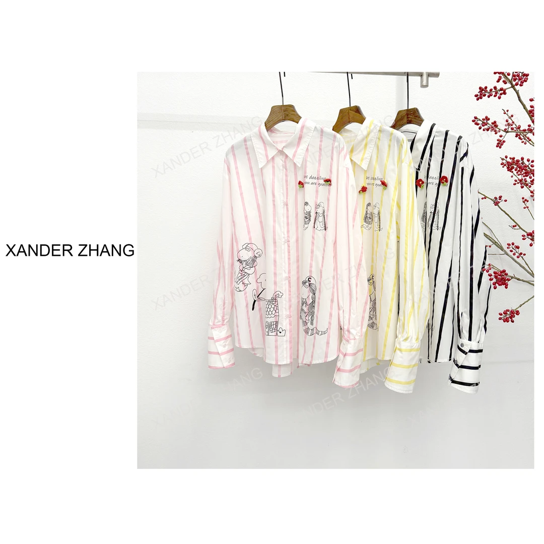 山大张童趣印花糖果色条纹衬衫YBST1J064手工小花朵减龄时尚百搭