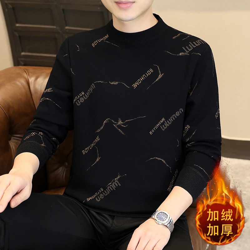高档加绒卫衣男士秋冬新款时尚印花套头衫百搭潮流男宽松圆领上衣