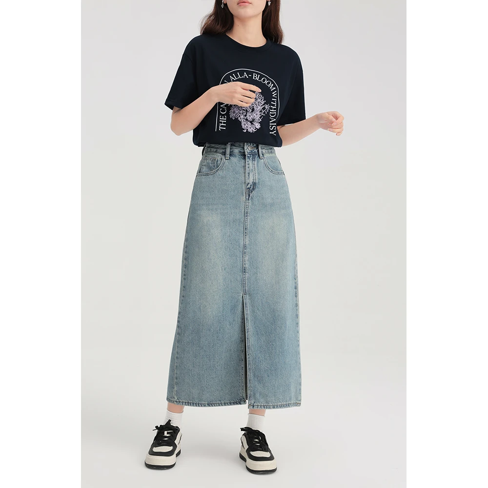 爱蔷薇大码前开叉牛仔裙女2025新款半身裙夏季女装显瘦高腰a字裙