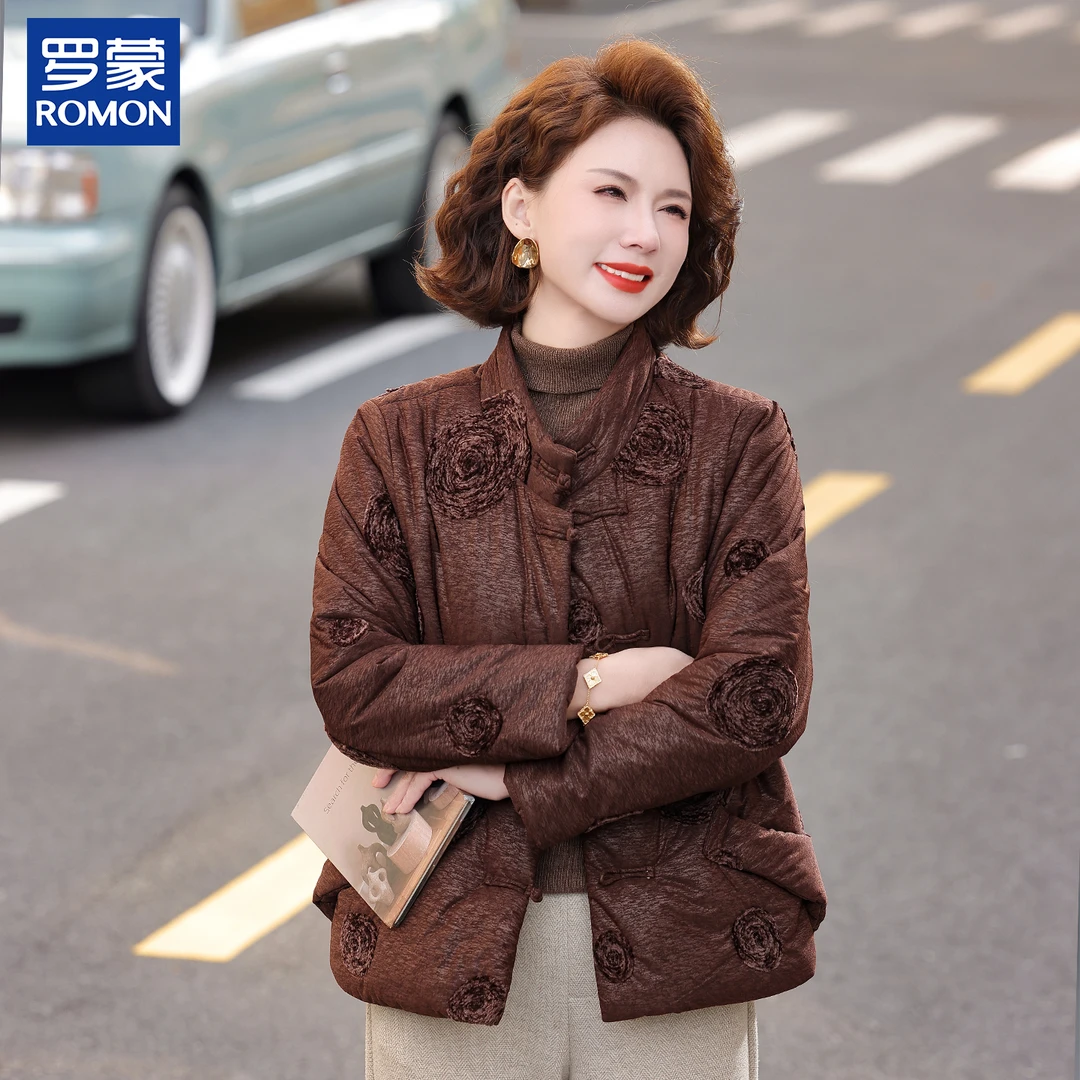 罗蒙妈妈冬装新中式绣花棉服新款中老年女短款棉衣中年冬季厚外套