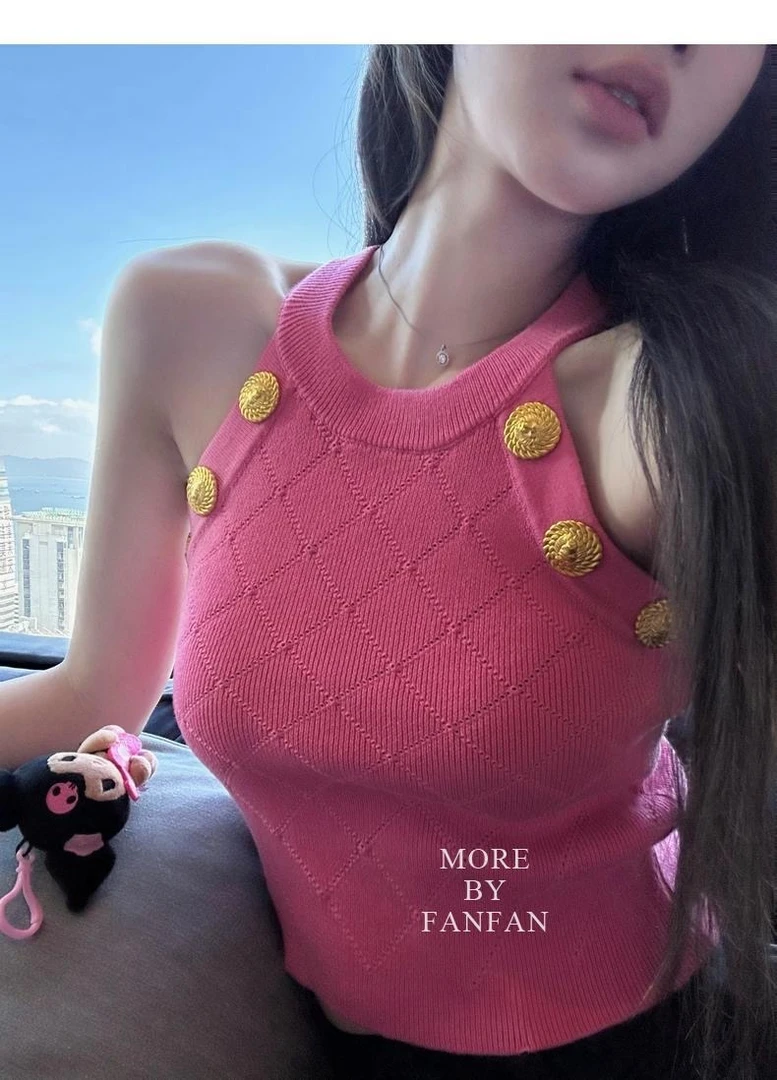 【工厂直销】粉色无袖针织挂脖吊带背心女夏性感甜辣妹修身上衣外穿