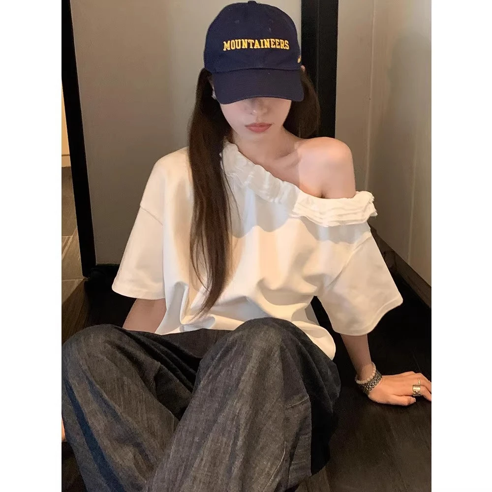 【MEICHI美池】韩版时尚松弛感花边设计感斜肩短袖T恤夏季显瘦上衣