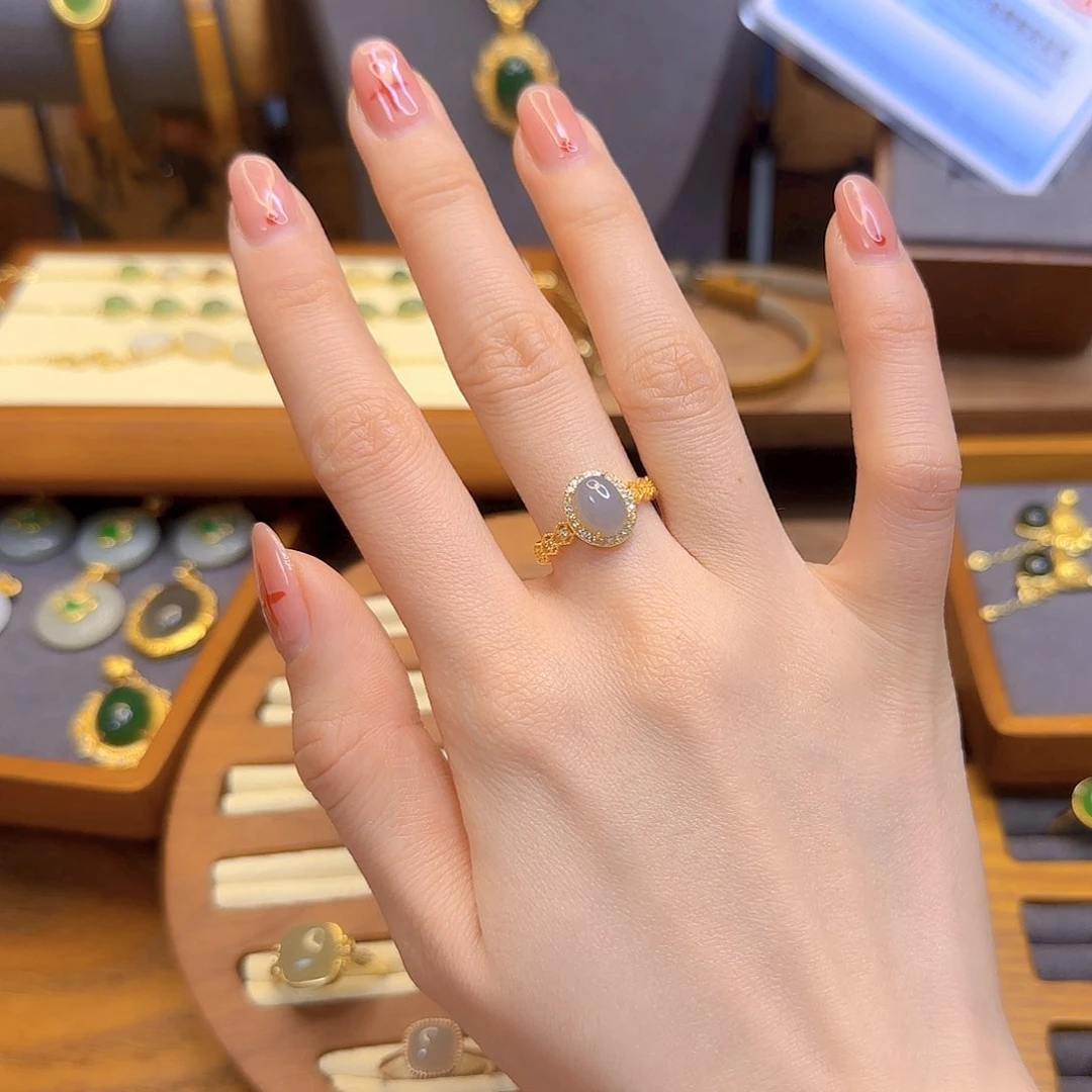 和田玉戒指银S925镀金镶嵌