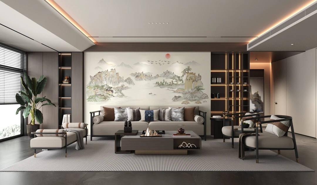 馨绣居独绣刺绣背景-绣云碧川沙发背景电视背景墙高端定制墙布