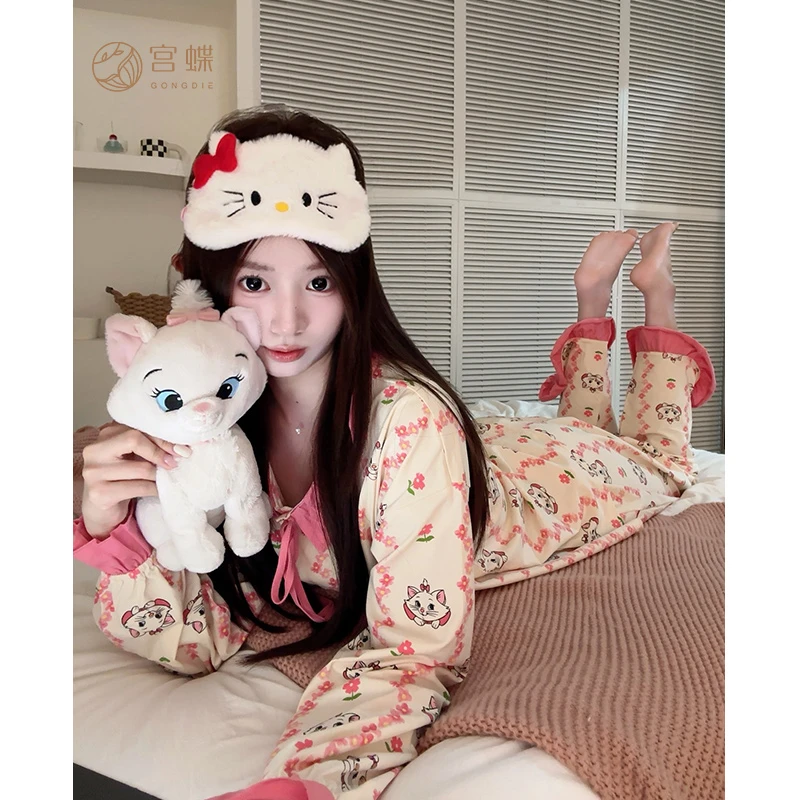 宫蝶【轻柔软】迪士尼玛丽猫春秋季睡衣女长袖家居服可爱纯棉套装