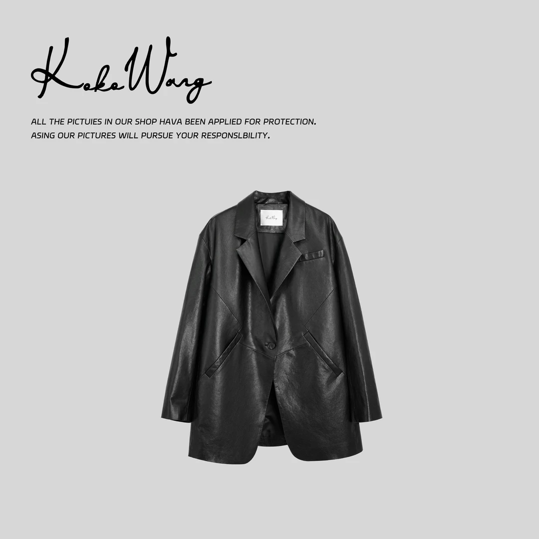 KOKO WANG2025新款翻领宽松一粒扣中长款皮衣外套N4585A12W43