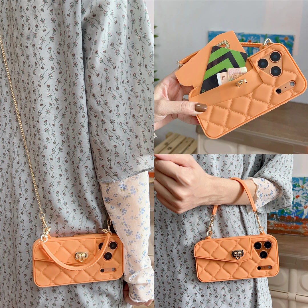 橙色手拎插卡零钱包适用苹果17promax斜挎iphone17pro手机硅胶壳