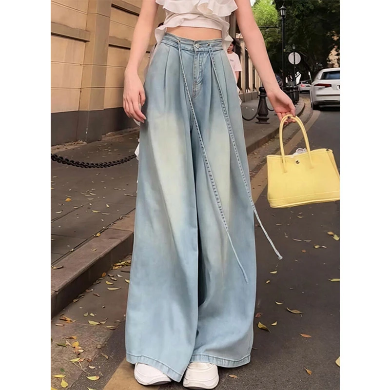 300斤大码女装设计感凉感冰丝阔腿牛仔裤女胖MM高腰显瘦阔腿长裤