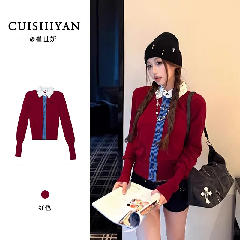 复古撞色假两件星球刺绣毛针织衫女秋冬季设计感修身显瘦开衫上衣