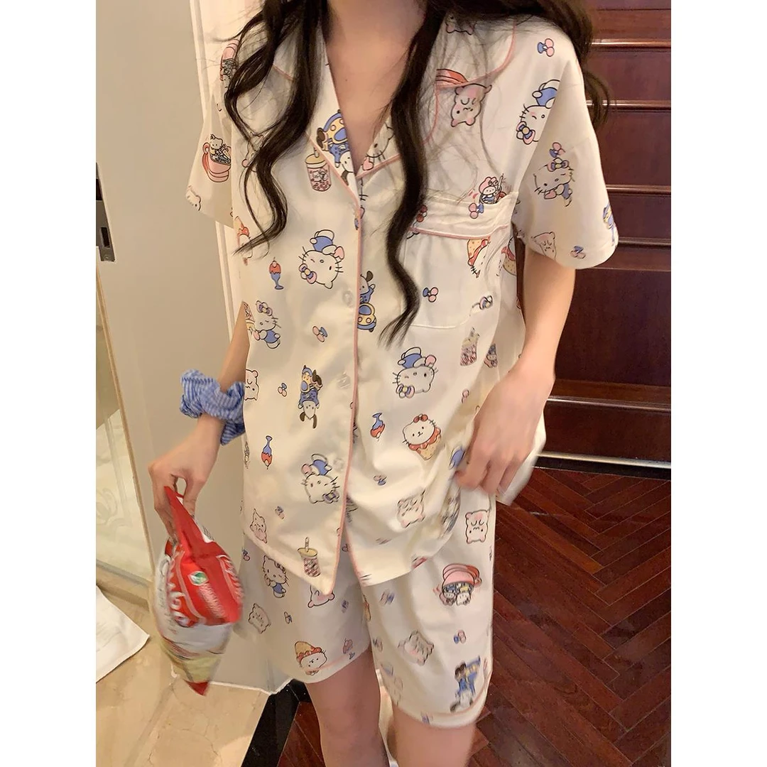 新款卡通猫短袖睡衣套装女春夏休闲家居服可外穿