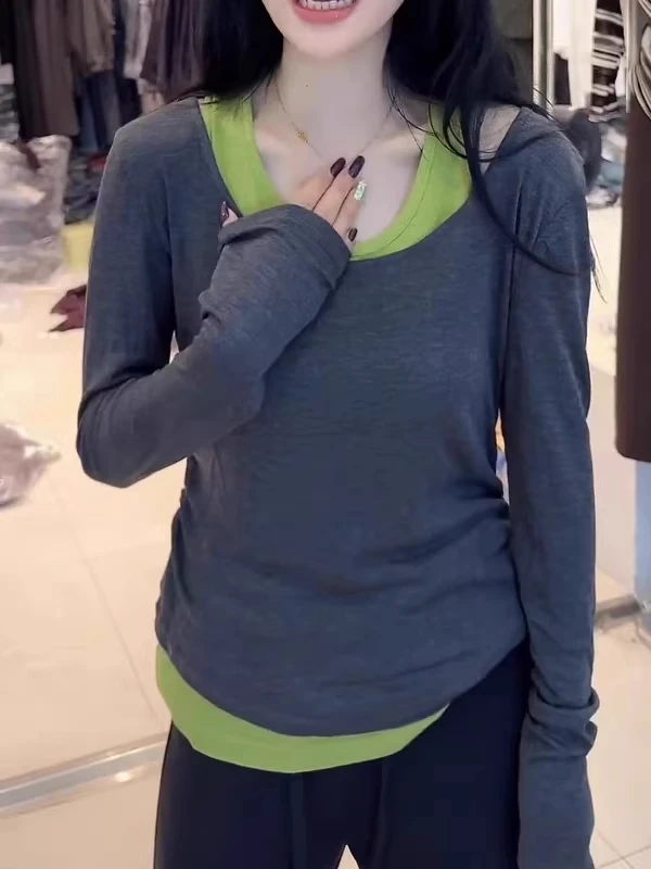 大码拼接假两件露肩长袖t恤女2025秋季新款胖MM显瘦修身打底上衣