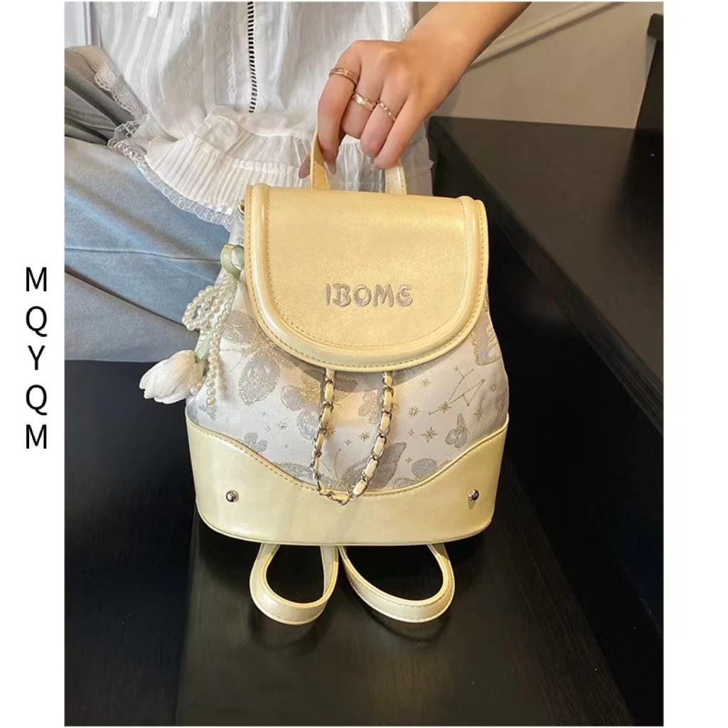 网红夏季爆款双肩背包女刺绣蝴蝶洋气时尚水桶包韩版潮流斜跨小包