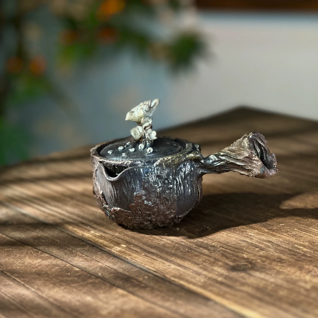 【茗器堂-刘荣富柴烧】 鸟语花香侧把宝瓶256号（有泥纹）  宝瓶