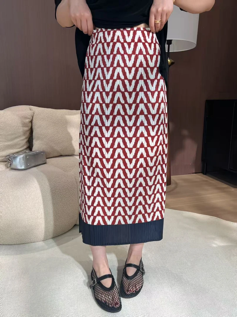 方和屿.高腰不起球条纹褶皱半身裙韩系风日式薄款新款入秋外套