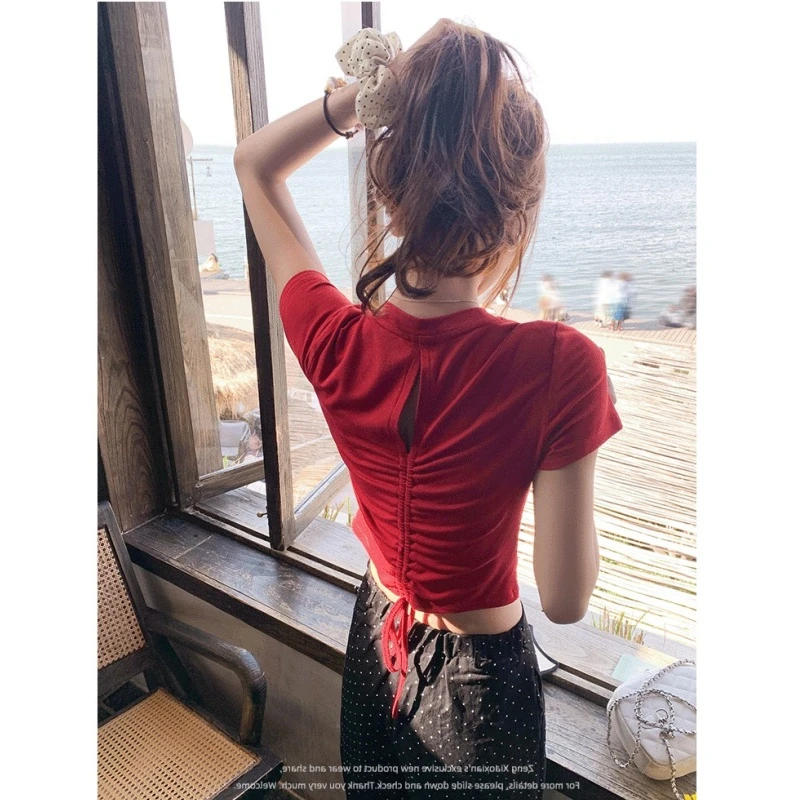 设计感镂空系带修身短款小个子上衣女夏美式辣妹红色正肩短袖t恤