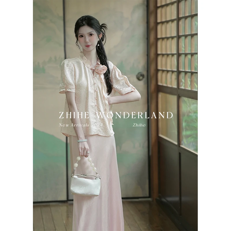 无艳一禾【玫瑰的故事】原创飘带领花提花蚕桑丝上衣+半裙