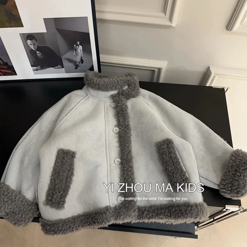 男女童冬款皮衣韩版时尚休闲毛绒加厚机车外套保暖男童加绒外套