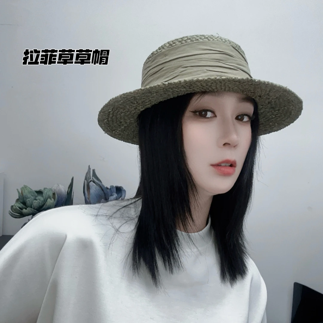 法式复古天然拉菲草编平顶女式遮阳帽春夏沙滩度假必备礼帽遮阳帽