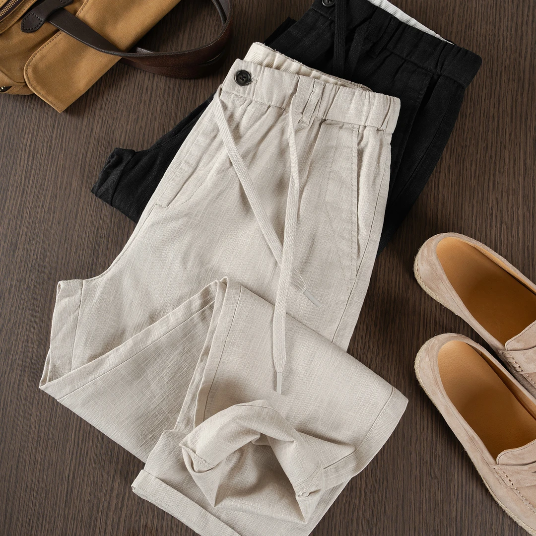 棉麻老吴 【宽腿微锥】商务直筒棉麻休闲裤夏季宽松常规长裤