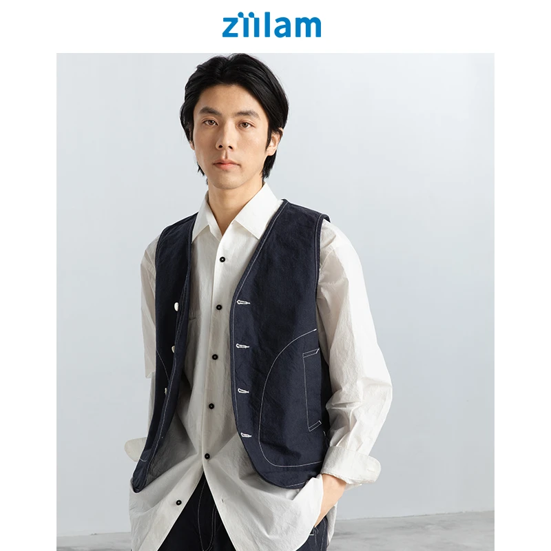 ziilam枝蓝 斜插袋工装马甲男款牛仔宽松休闲棉亚麻无袖马夹外套