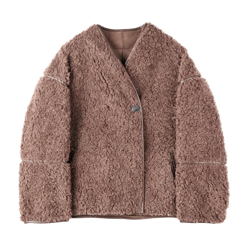 原形时尚气质2025秋冬新款保暖皮毛一体咖色羊毛外套91757