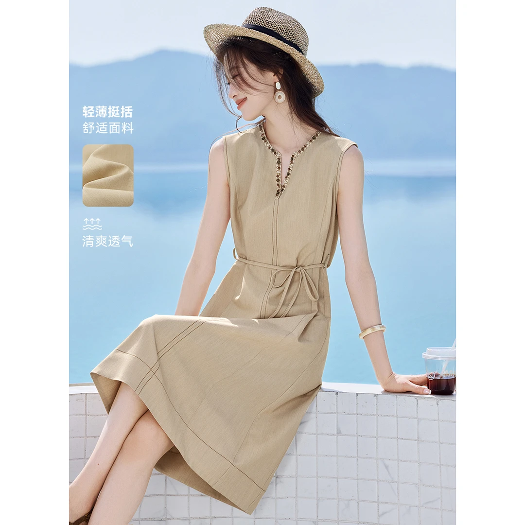 沫晗依美【现代波西米亚】织带拼接V领系带长裙25夏显瘦背心连衣裙