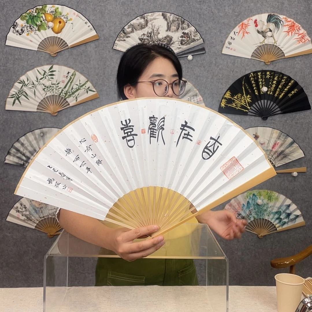 国画95寸水磨玉竹纯手绘-文玩扇骨（默认粘好）