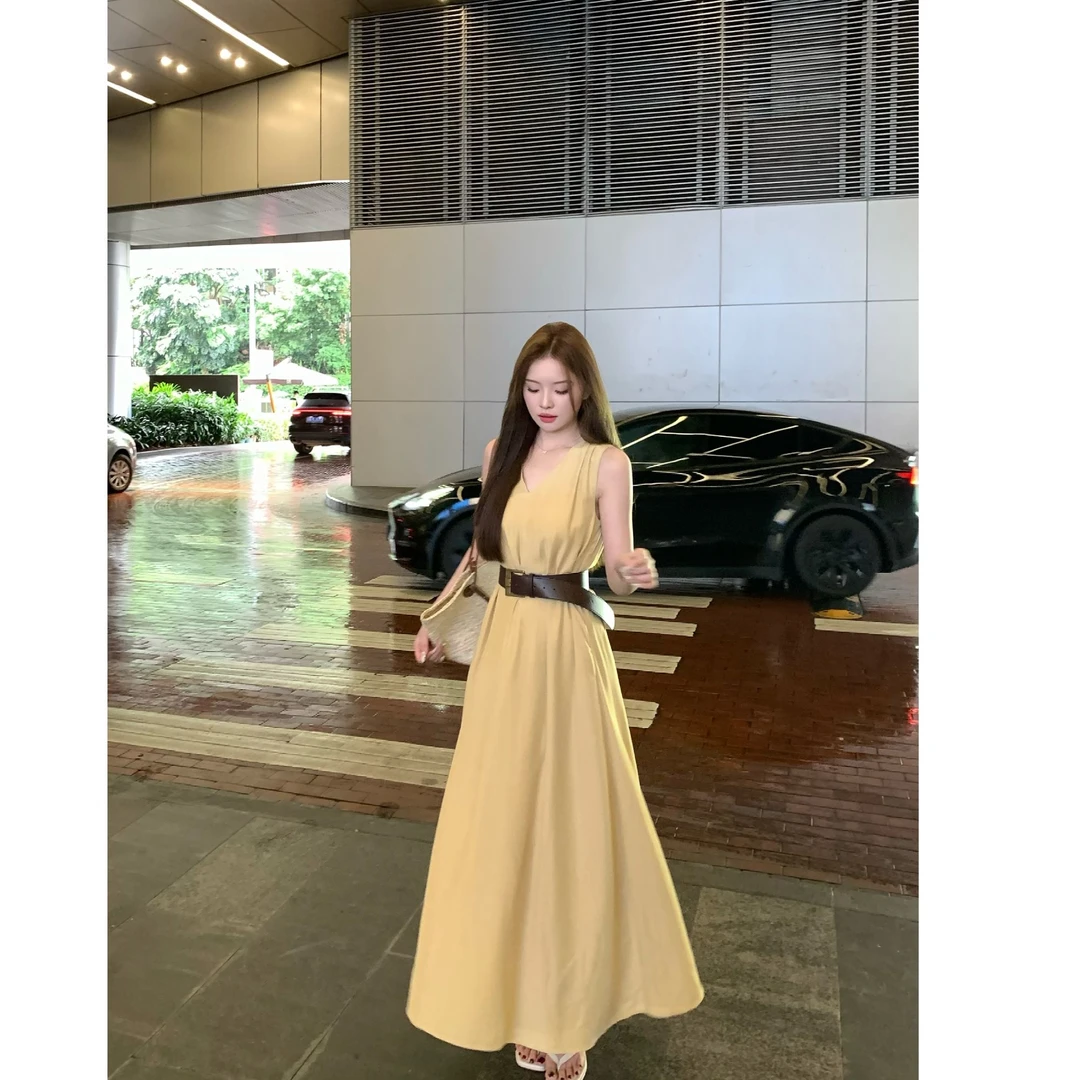 SZA【蓝海沙滩】夏季度假风气质V领挂脖无袖高腰收腰连衣裙A-1990