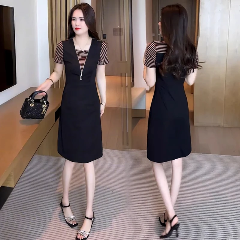 时尚连衣裙女2025夏季新款洋气假两件小个子气质拼接显瘦背带裙子