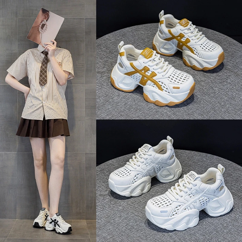 万达撤柜头层牛皮百搭运动鞋休闲透气网面2025秋款老爹鞋厚底女鞋