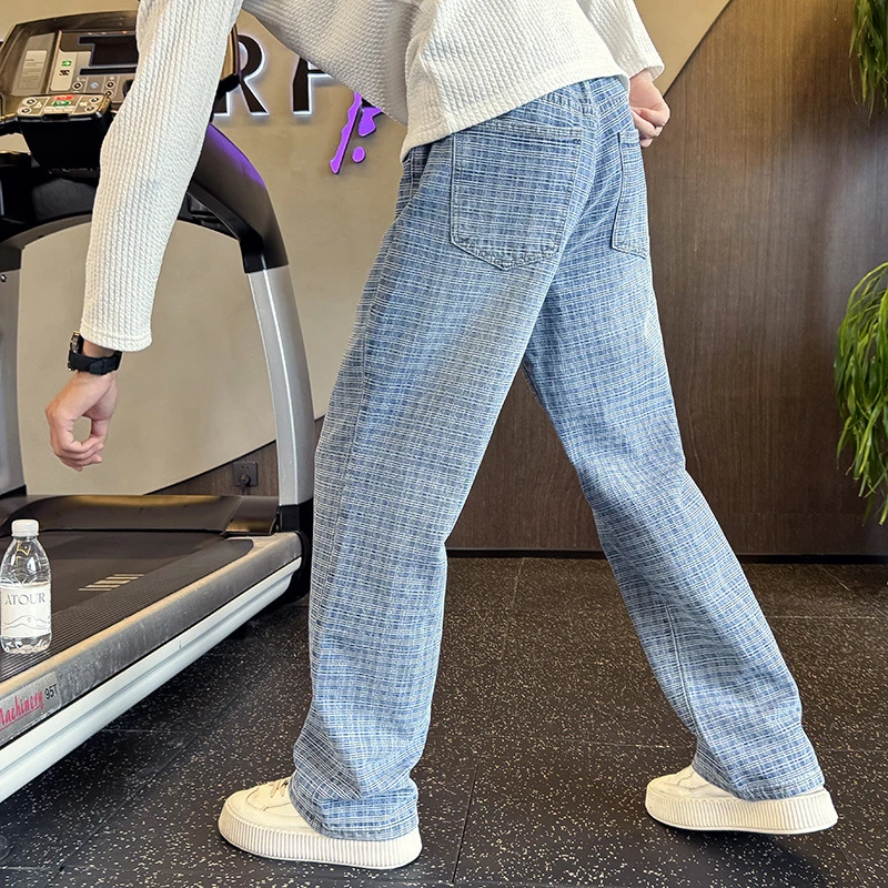 提花格子牛仔裤男美式高街直筒裤2025新款春秋季潮流痞帅休闲男裤
