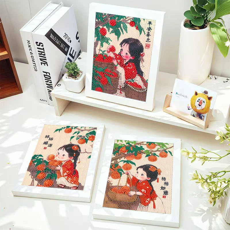 新中式钻石画带框DIY创意手作儿童益智贴钻玩具摆台卡通装饰画