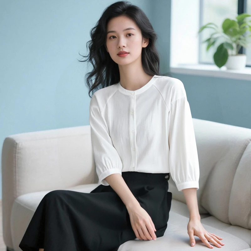 晚白【新品】2025夏极简风 高智感上衣弹力中袖衬衫女25041035