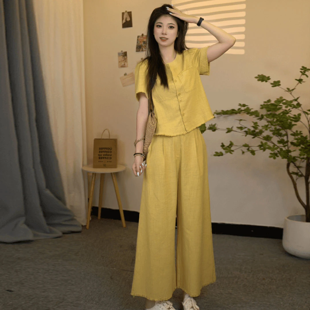 韩系2025夏季短袖毛边显瘦高腰清新上衣套装休闲时尚新款两件套女