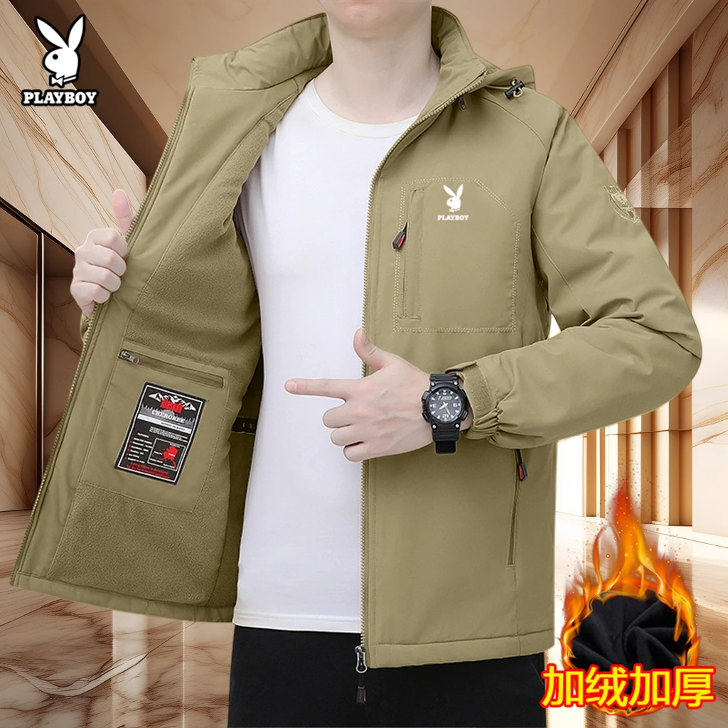 花花公子加绒加厚夹克男中年男装工装帅气秋冬款可拆卸帽外套上衣