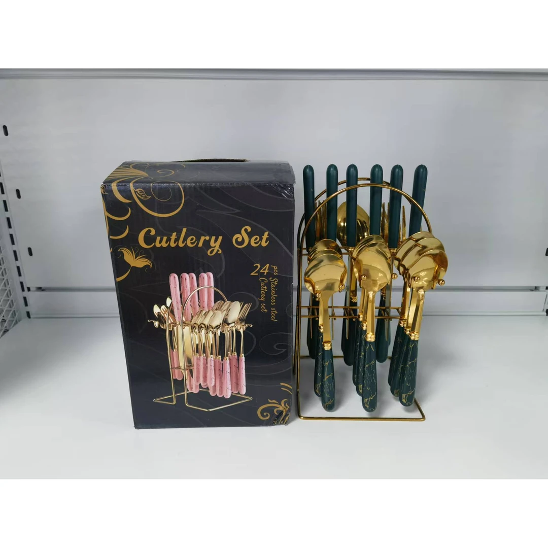 亚马逊餐具西餐四主件不锈钢24件套1010跨境餐具刀架礼盒套装GZG