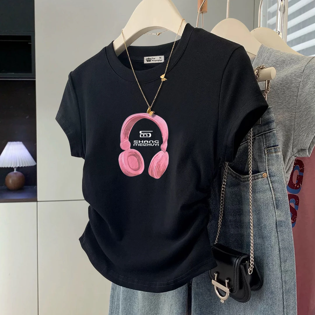 黑色洋气短袖t恤女短款新款显瘦粉色耳机潮打底百搭正肩女款上衣