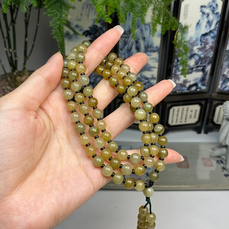 蜜糖黄黄翡圆珠项链 天然翡翠A货