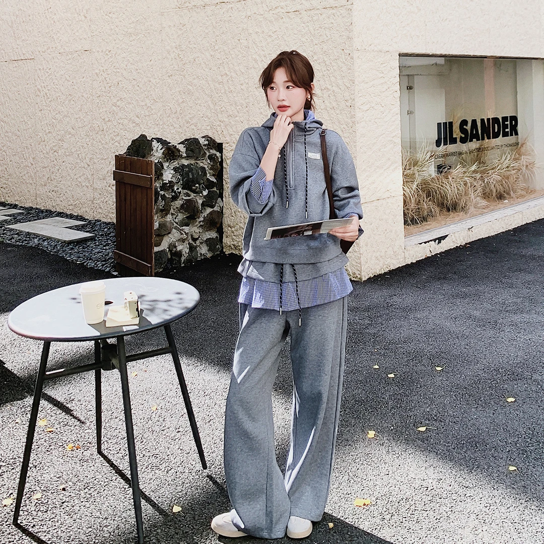 韩系慵懒风时尚百搭套装女秋季新款超洋气减龄拼接卫衣裤子两件套