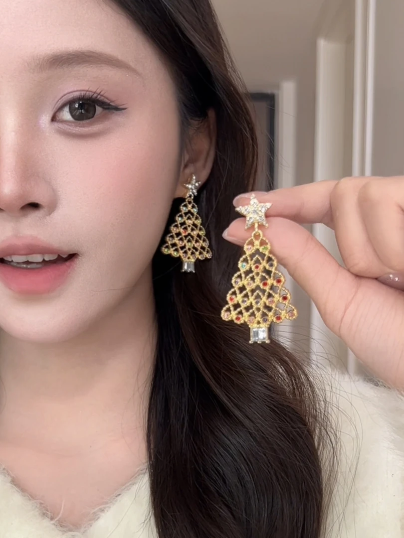 铜合金锆石耳饰 圣诞耳环女轻奢高级感耳钉氛围感适合冬天的耳饰
